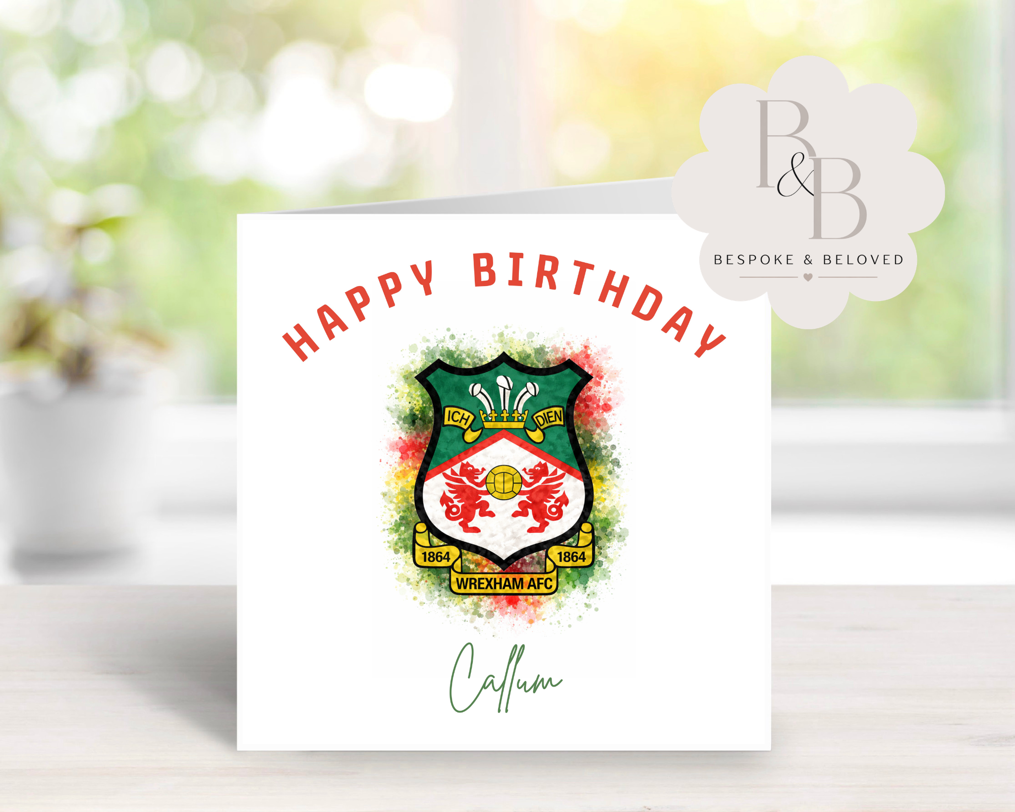 Birthday card with Wrexham AFC logo and 'Happy Birthday' text 