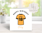 Birthday card with a Premier League Football shirt design and 'Happy Birthday' text 