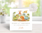 Personalised dinosaur birthday card for kids featuring watercolour dinosaurs and a roarsome volcano scene, customised with name and age