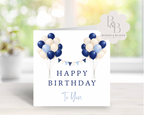 Personalised Happy Birthday Card with Balloons & Bunting – Custom Name Birthday Card for Her or Him – Elegant Pink & Blue Birthday Greeting Card