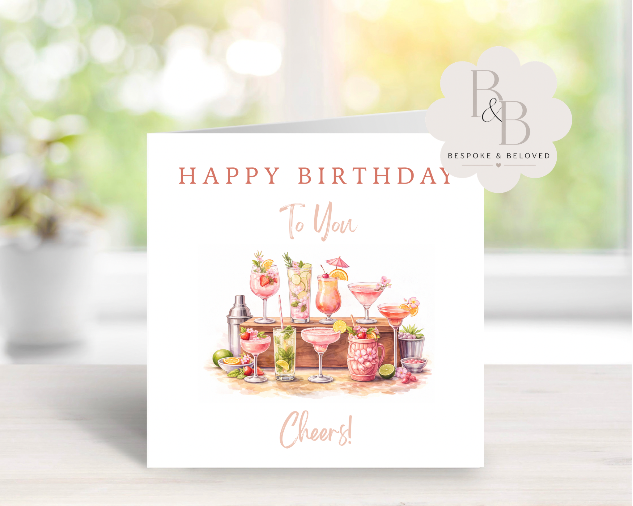 Personalised Cocktail Birthday Card for Her – Custom Name Happy Birthday Card with Pink Cocktail Drinks Illustration