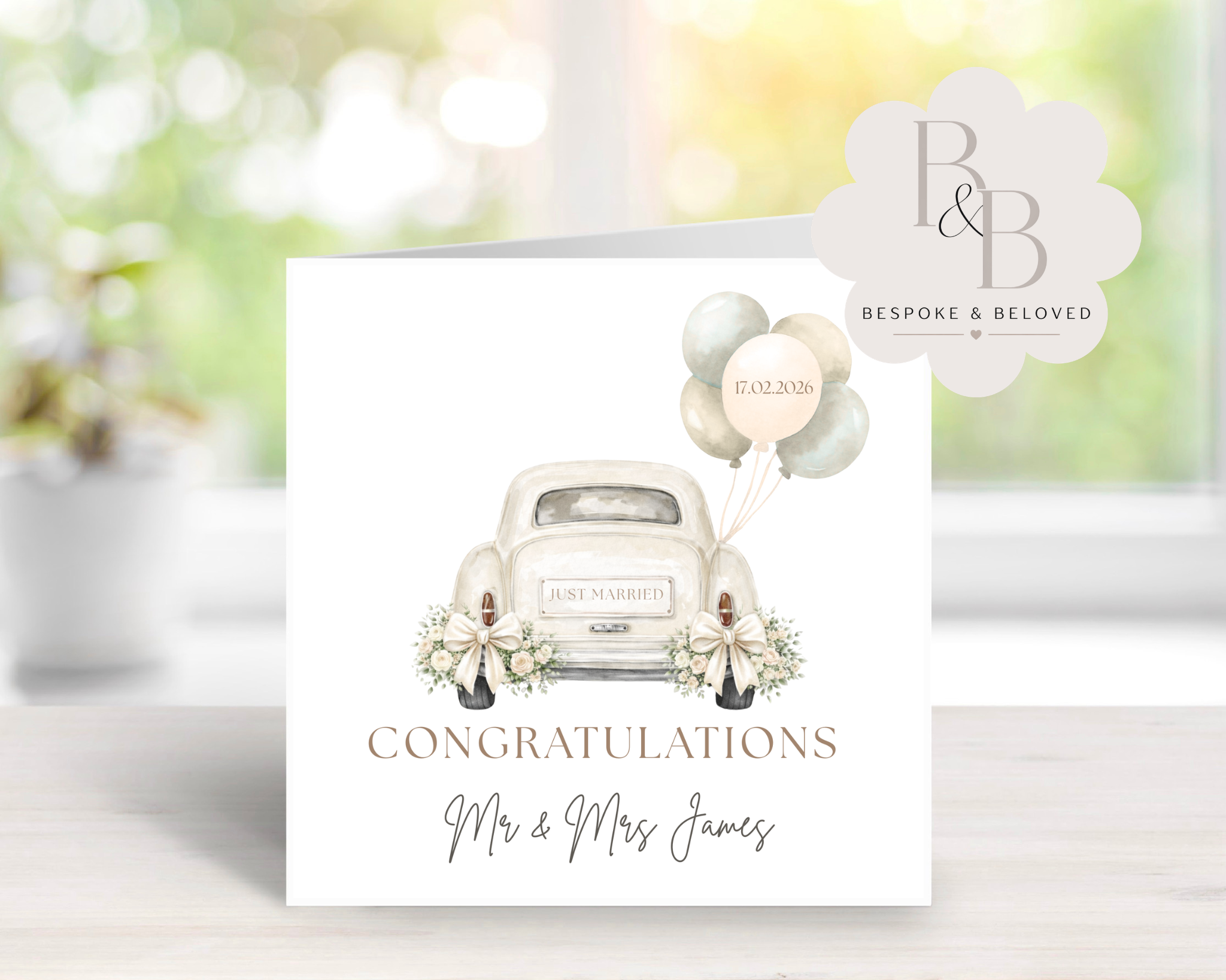Wedding card with wedding car and balloons 