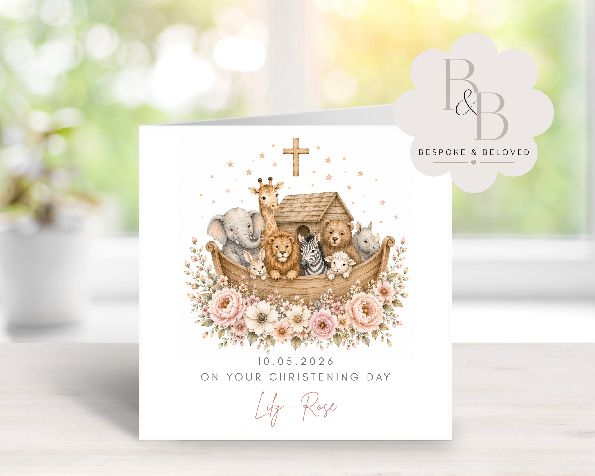 Christening invitation card with cartoon animals in a Noah's ark design
