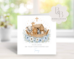 Christening invitation card with cartoon animals in a Noah's ark design