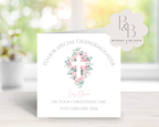 Personalised christening card with floral design and text 