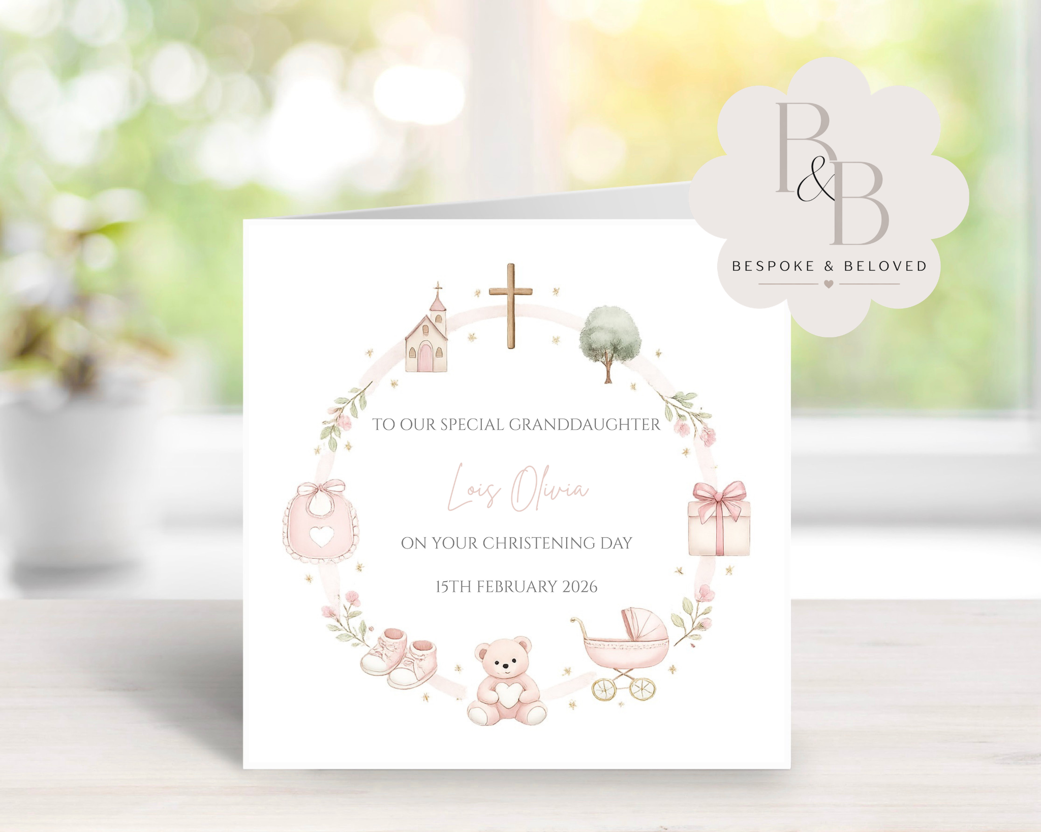 Personalised baby christening card in pink with custom name and date