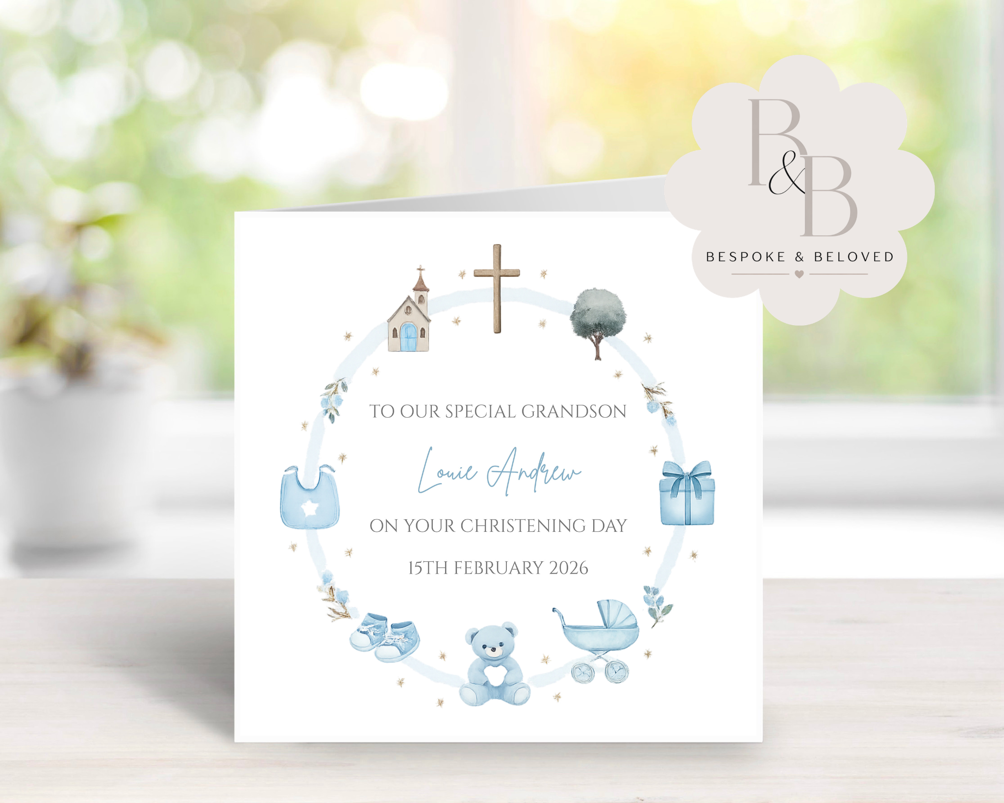 Personalised baby christening card in blue with custom name and date