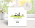 Father's Day card with golf cart illustration and 'Happy Father's Day' text 