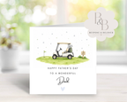 Father's Day card with golf cart illustration and 'Happy Father's Day' text 