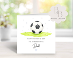 Father's Day card with a soccer ball on a grassy patch, featuring the text 'Happy Father's Day to a wonderful Dad'.