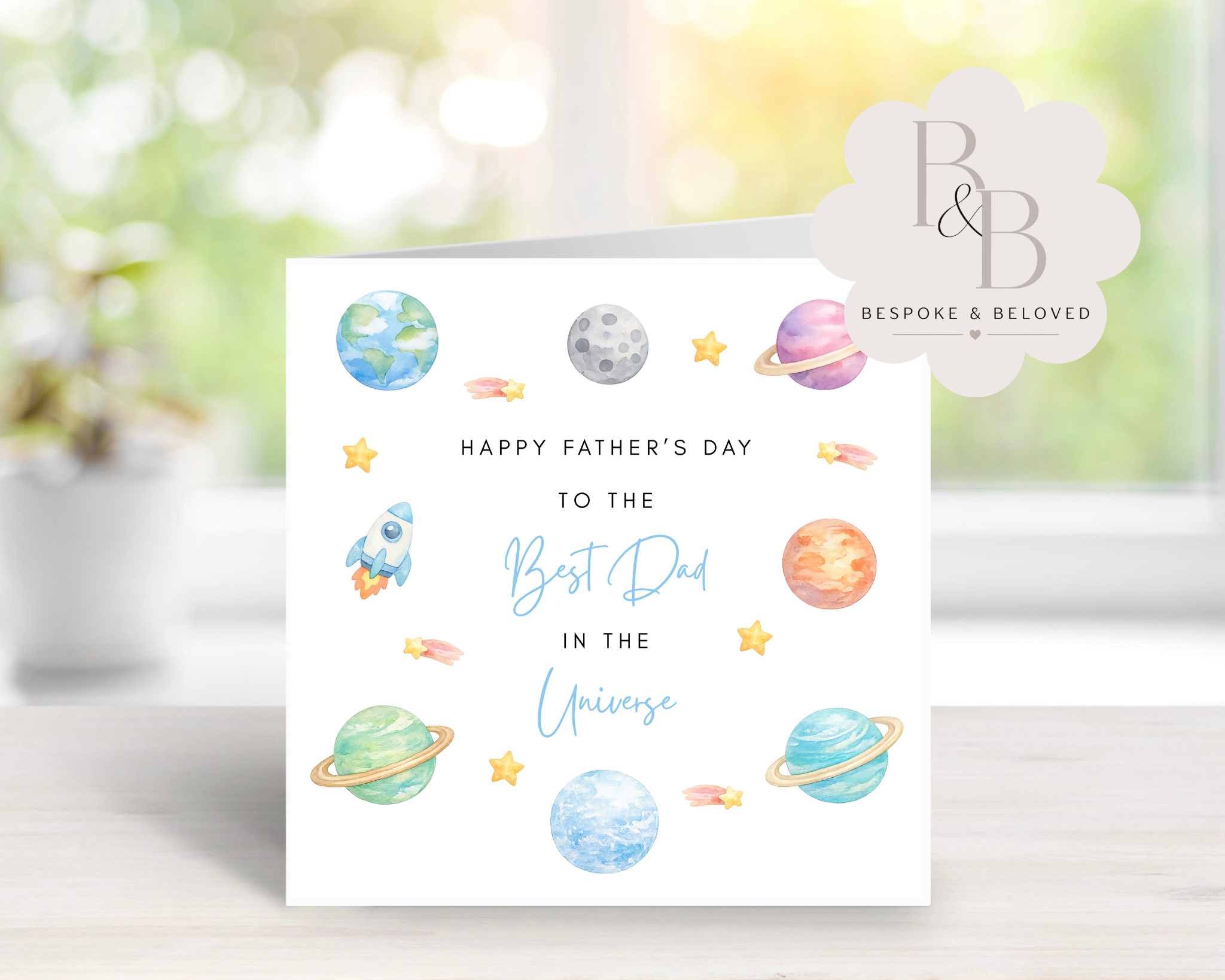 Father's Day card with space-themed illustrations and 'Happy Father's Day' message 