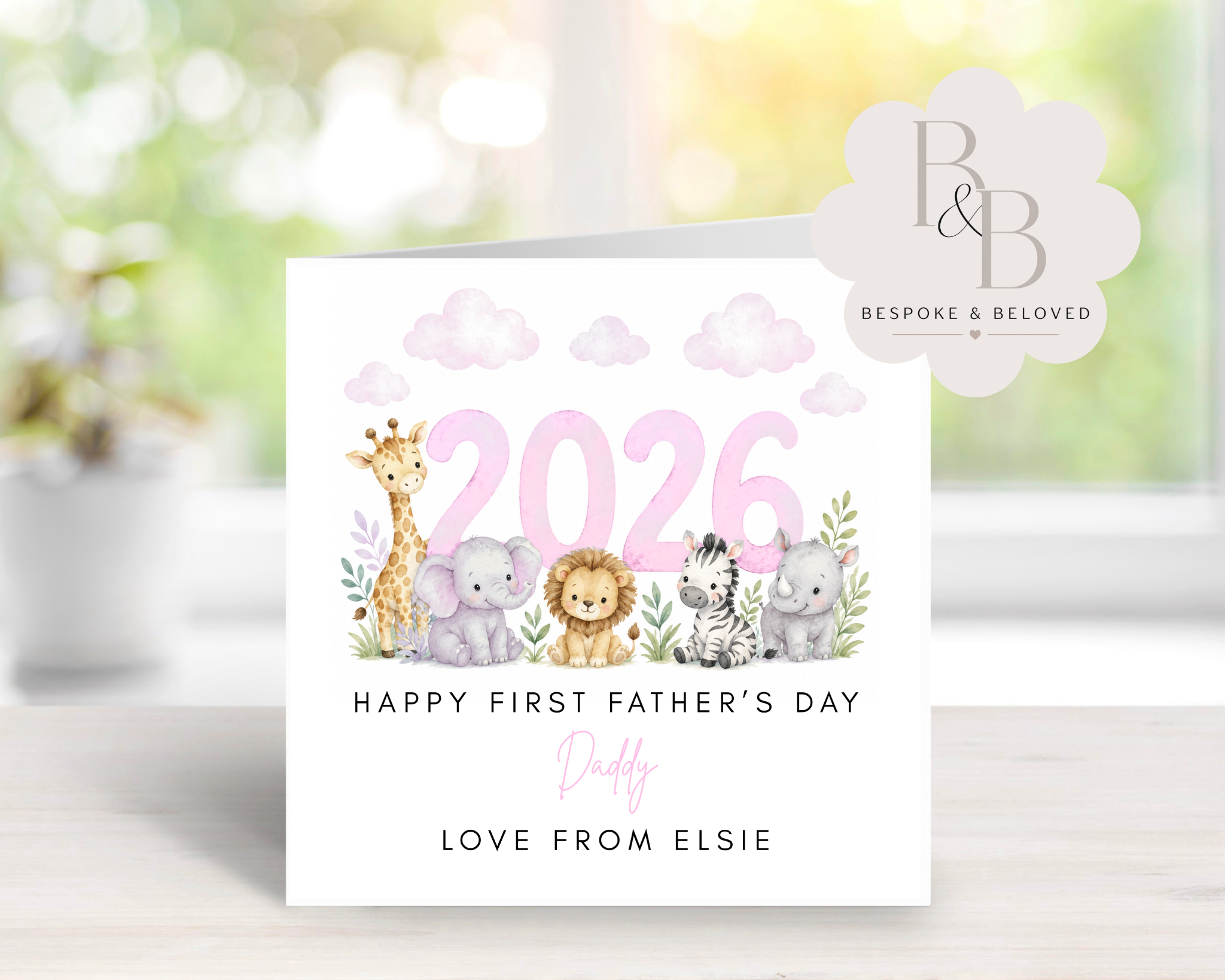 Greeting card with cartoon animals and '2026 Happy First Father's Day' 