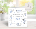Father's Day card with tools illustration and 'Happy Father's Day' text 
