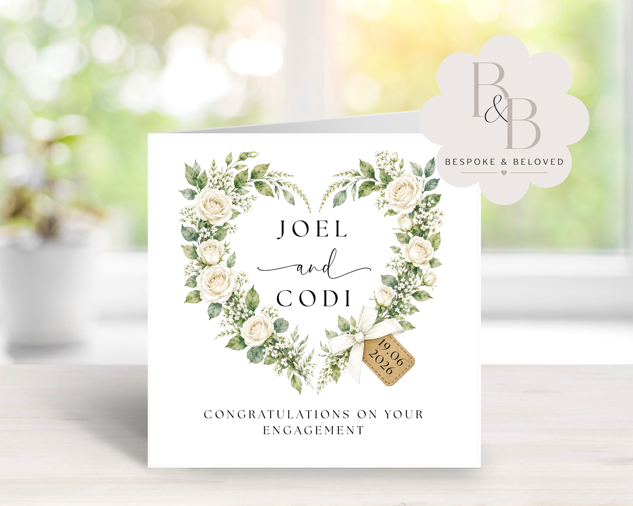 Engagement card with floral design and personalised text 