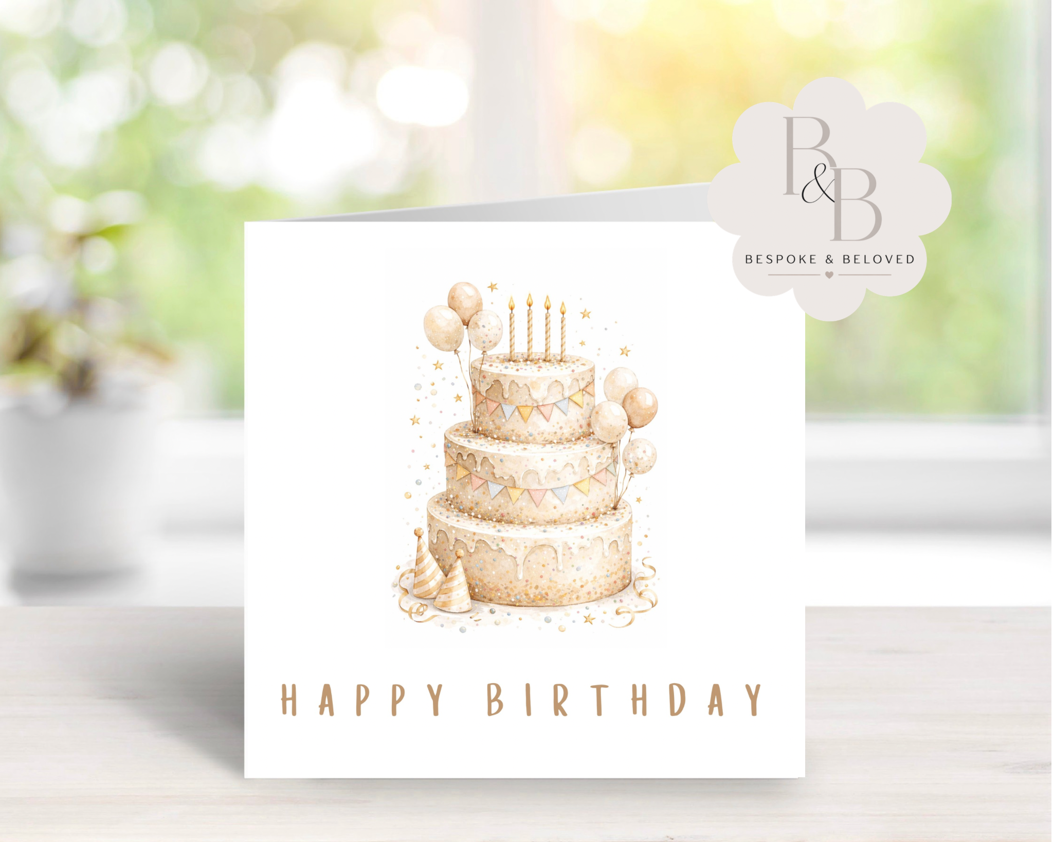 Elegant Watercolor Birthday Card with Cake Illustration – Luxury Handmade Happy Birthday Greeting Card for Her, Personalized Birthday Card