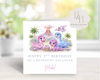 Personalised dinosaur birthday card for kids featuring watercolour dinosaurs and a roarsome volcano scene, customised with name and age