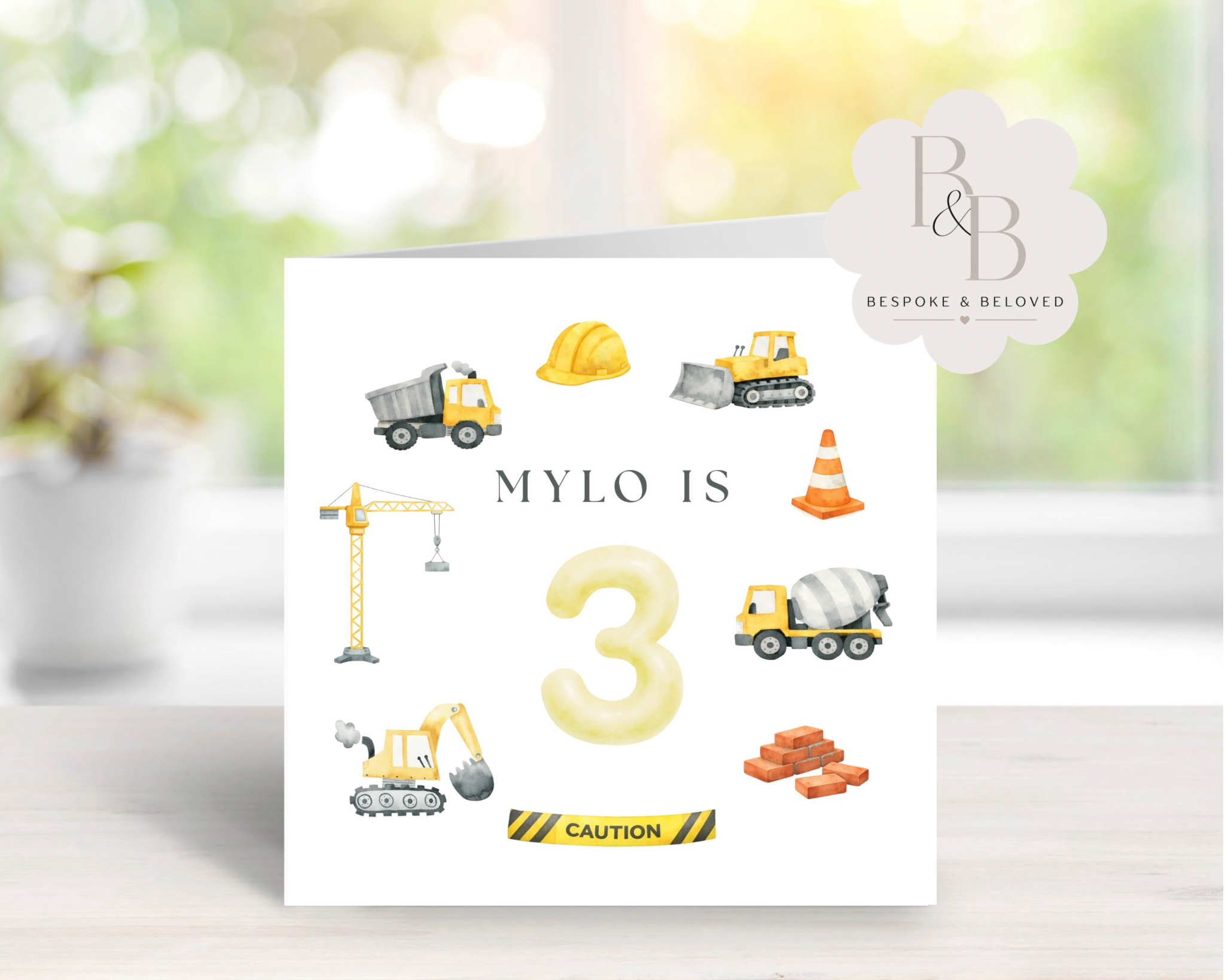 Children's birthday card with construction-themed illustrations 