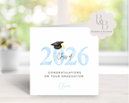 Blue graduation card with 'Class of 2026' text and a graduation cap 