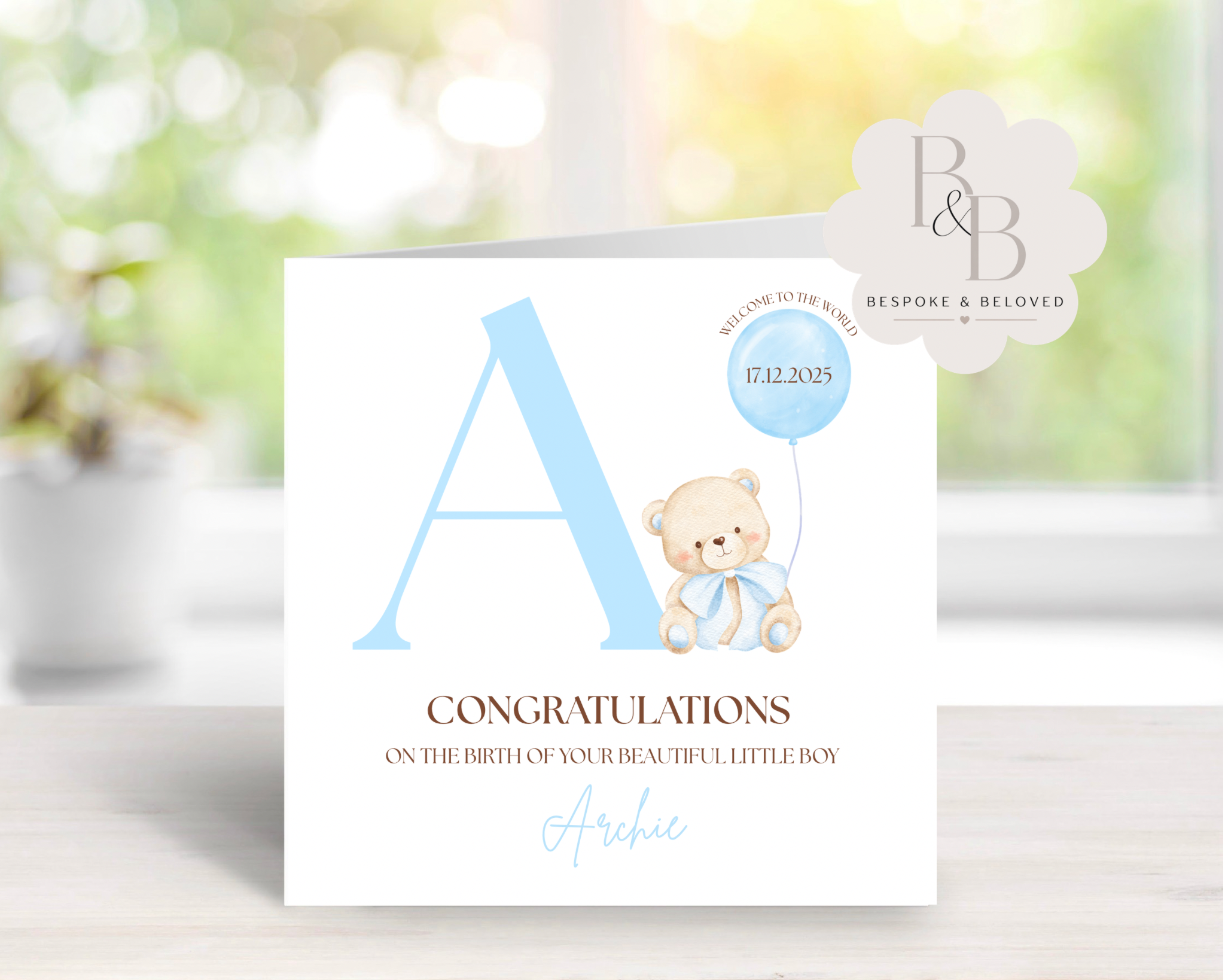 Baby shower card with teddy bear and balloon design 