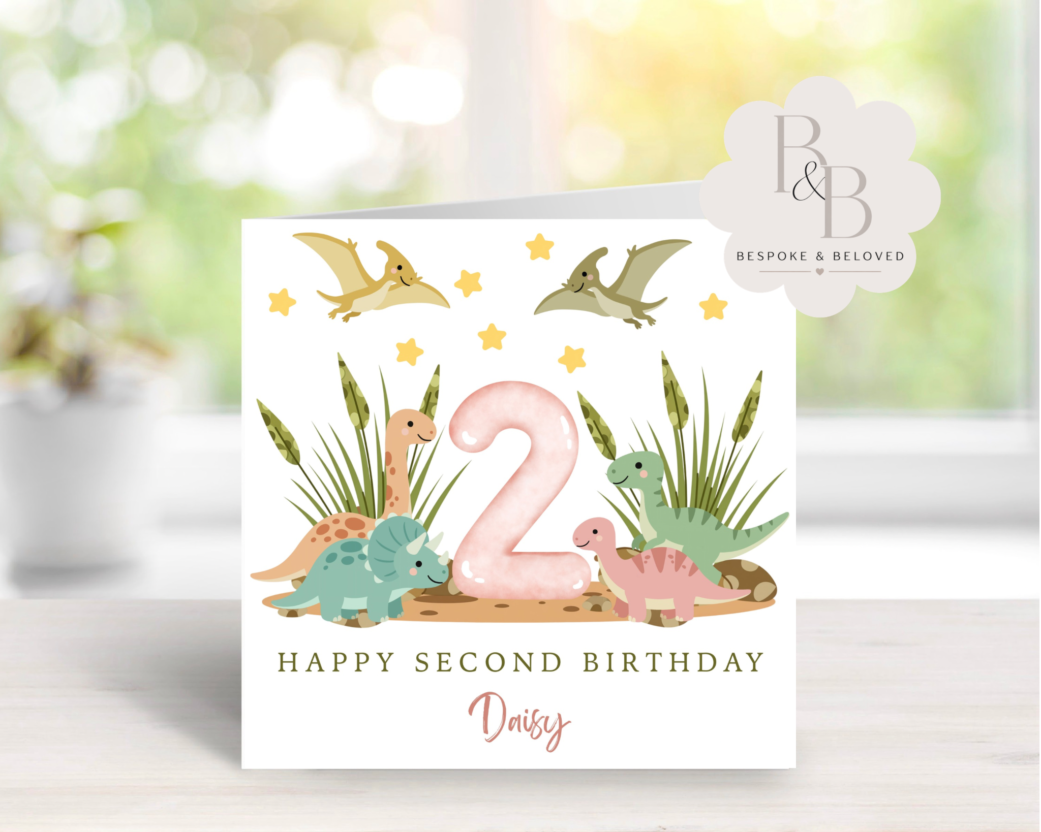 Personalised pastel pink dinosaur birthday card for kids