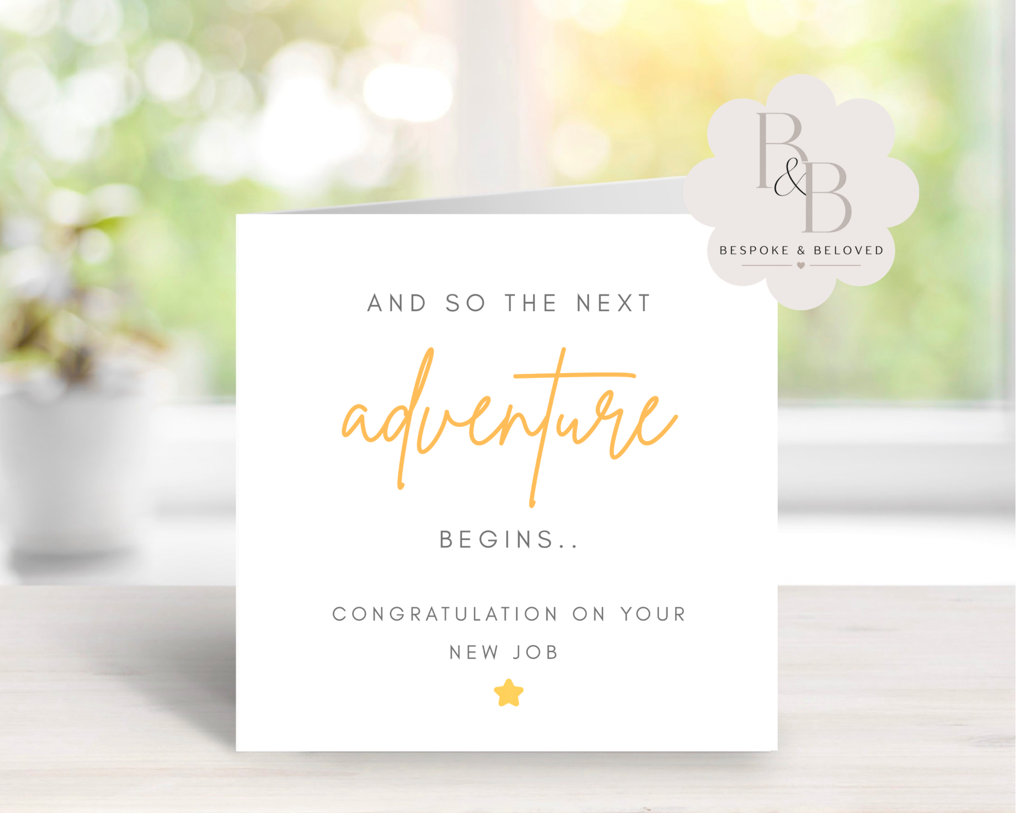 Greeting card with 'And so the next adventure begins' text 