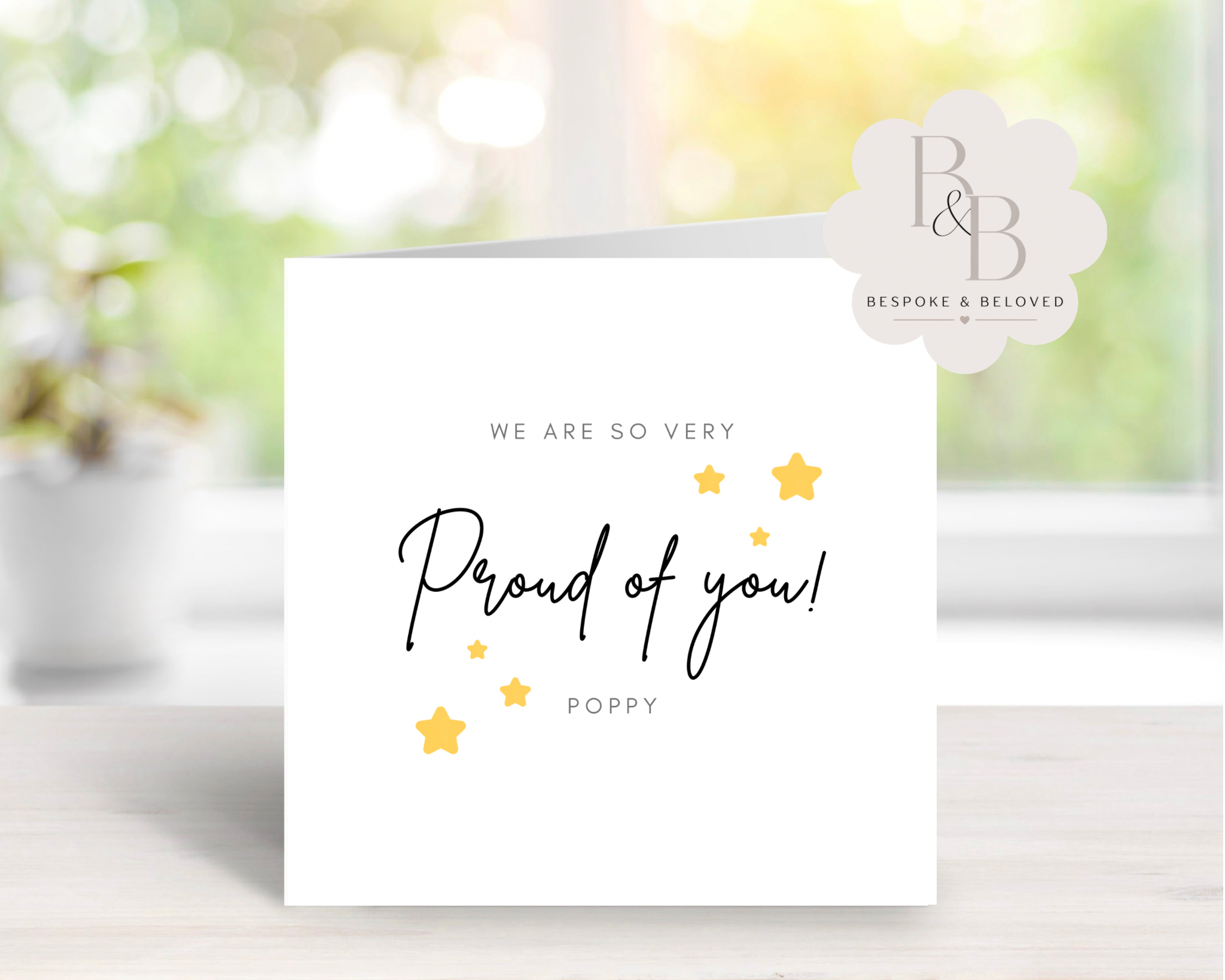Greeting card with 'We are so very proud of you' text and stars