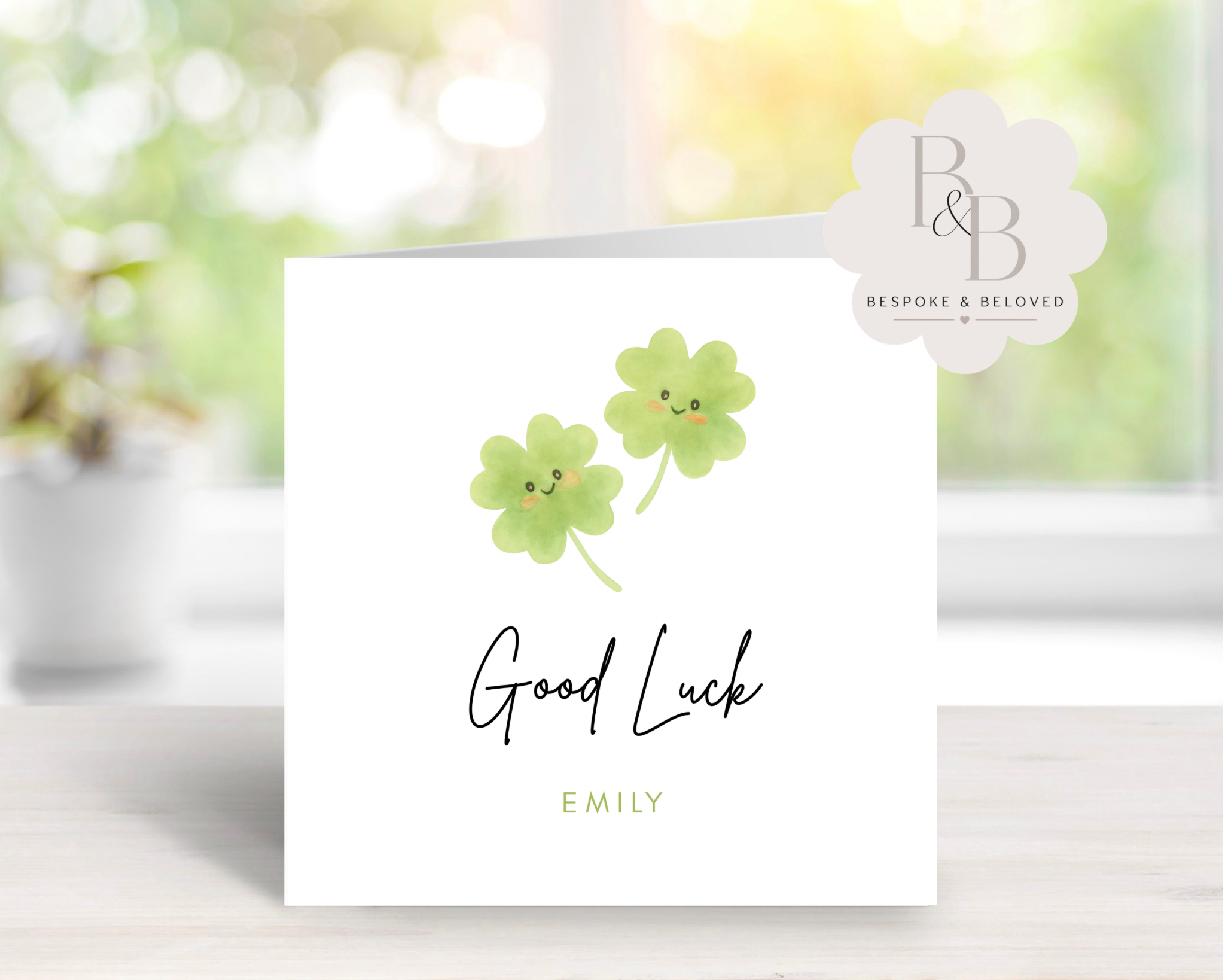 cute clover good luck card with personalised name