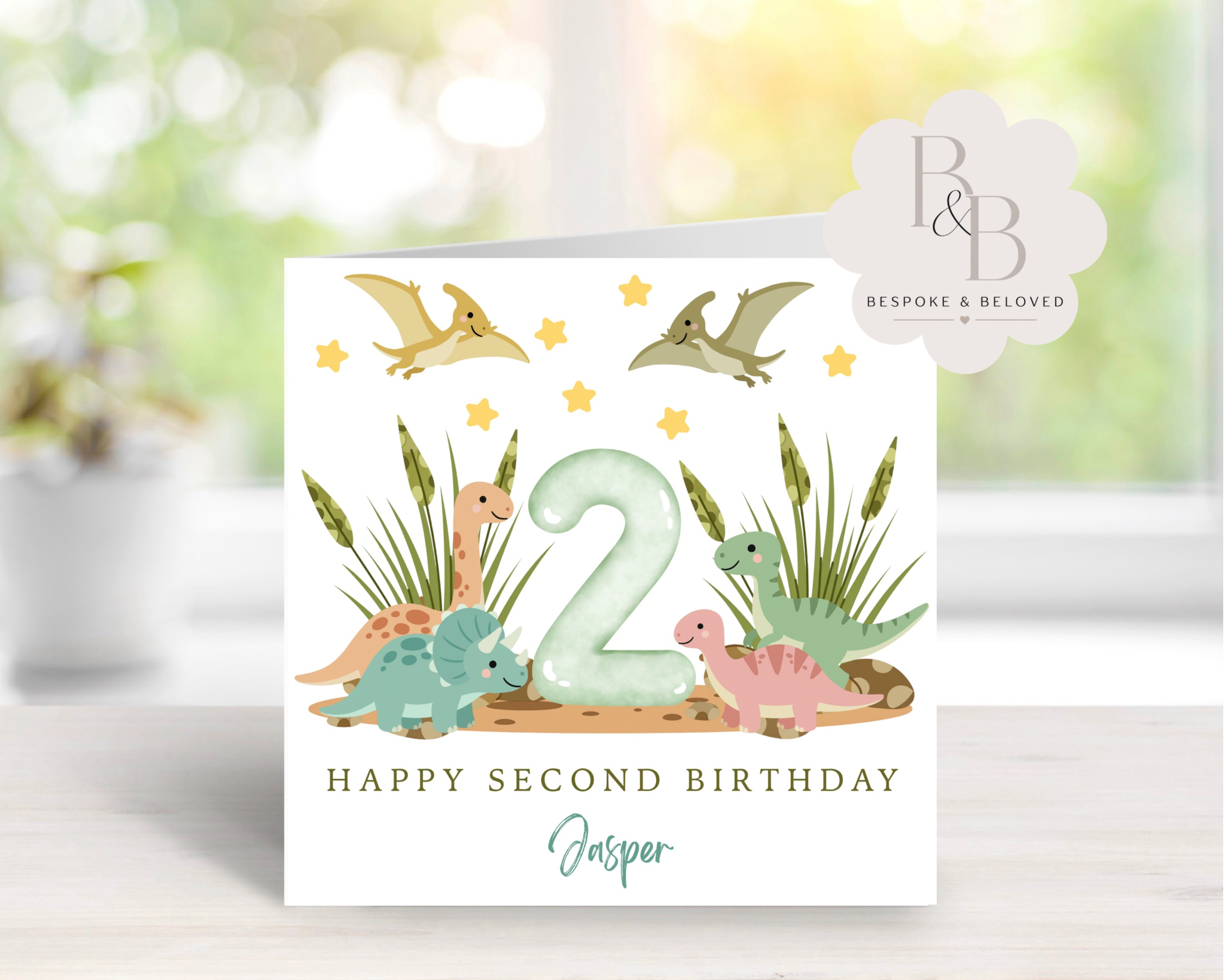 Personalised pastel green dinosaur birthday card for kids