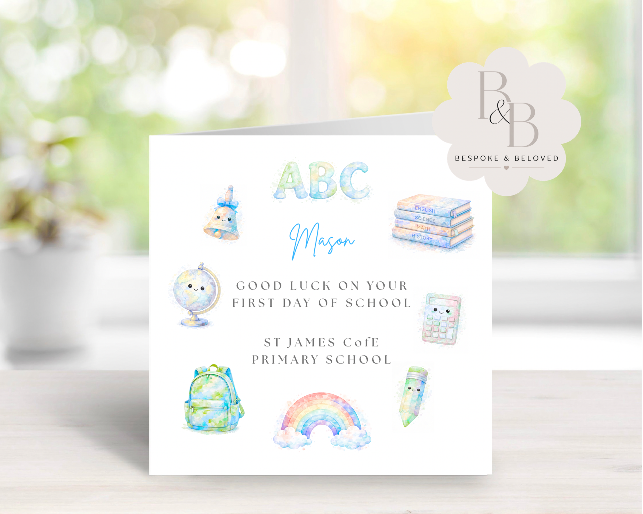 Personalised first day of school card with colourful illustrations 