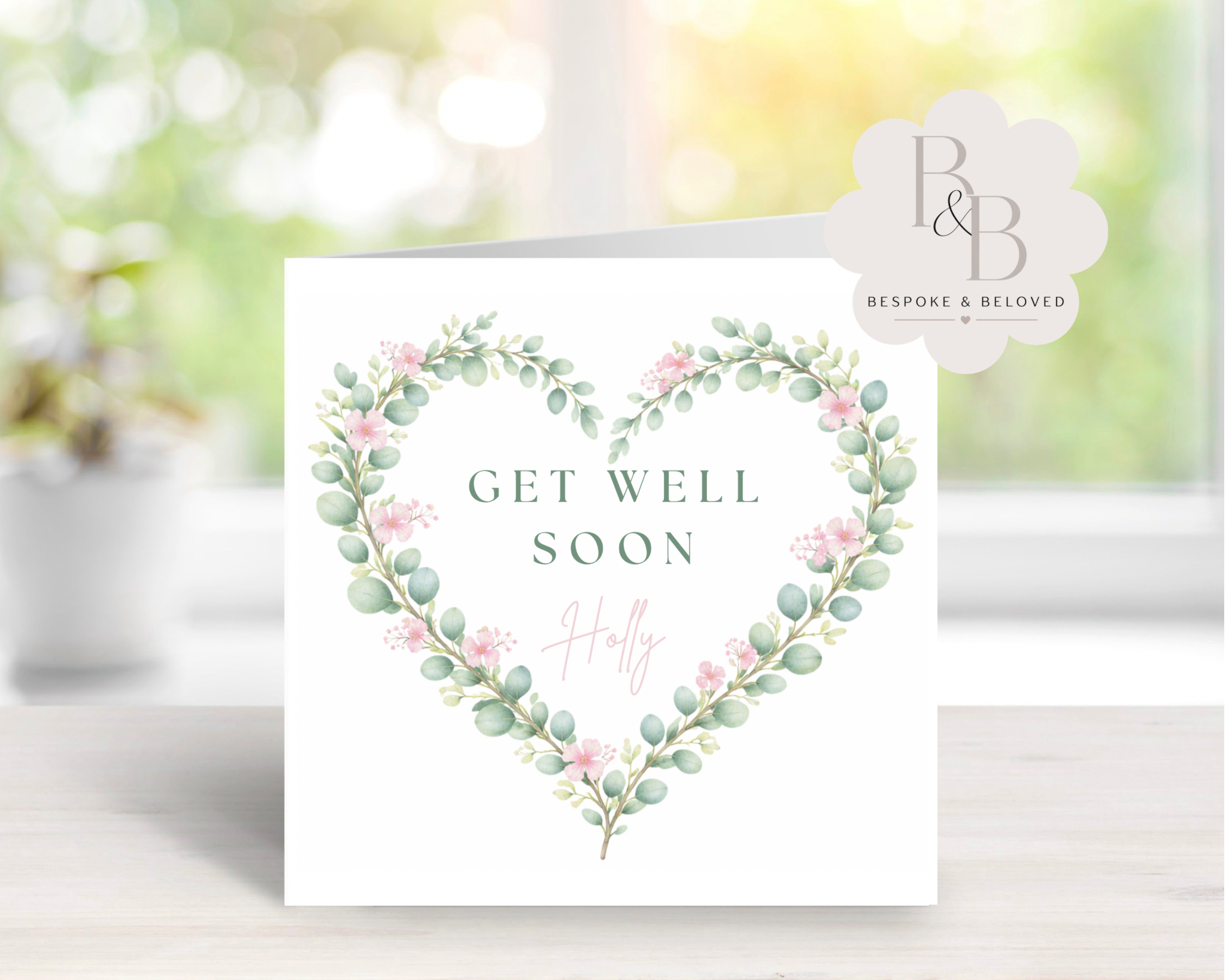 Get well soon card with floral heart design 