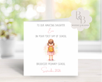 Card with a child walking to school, personalised for a child's first day at school