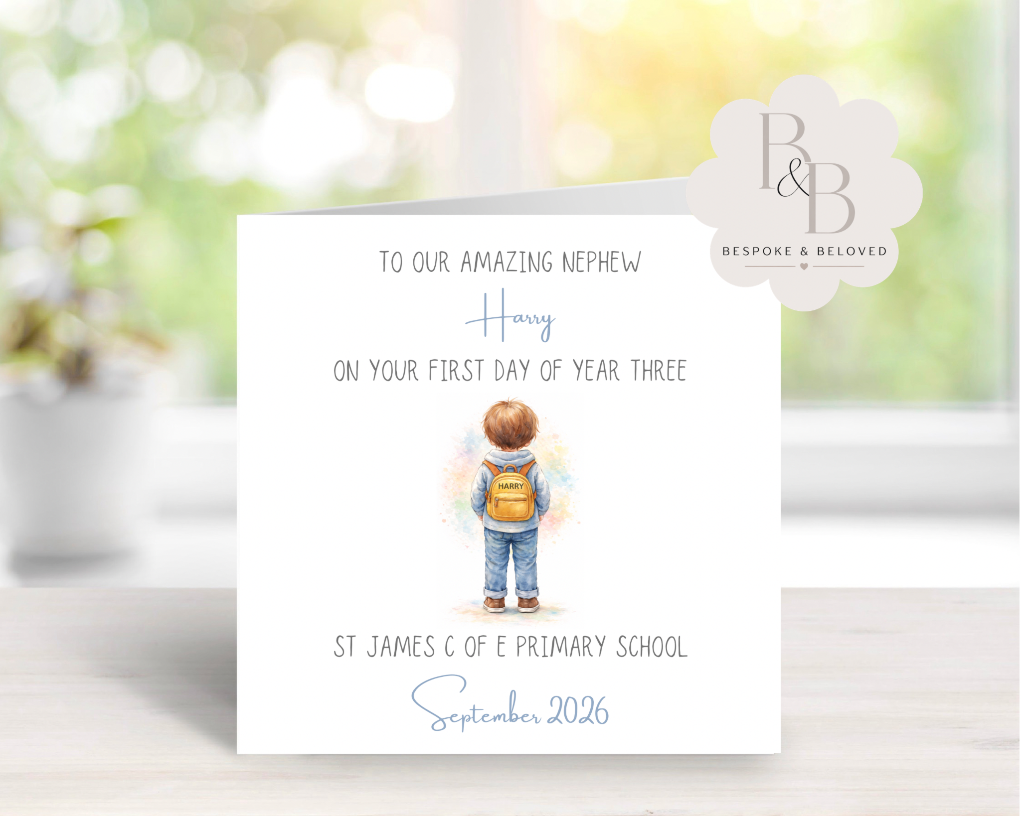 Card with a child walking to school, personalised for a child's first day at school