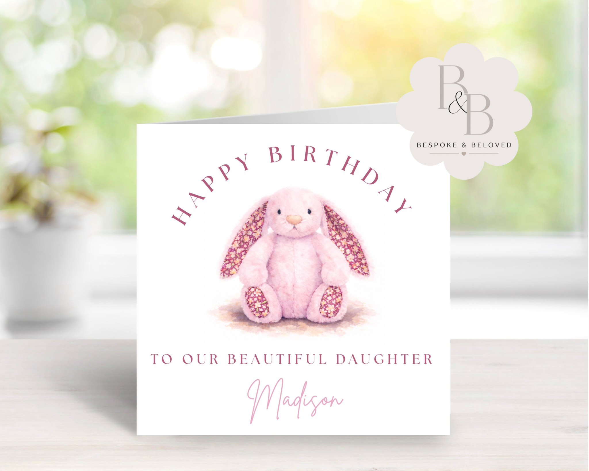 Birthday card with a pink bunny and personalised text 