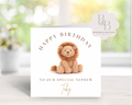 Birthday card with a lion plush toy and personalised text 