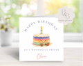 Birthday card with a colourful cake illustration and 'Happy Birthday' text 