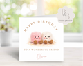 Birthday card with two cute figures and 'Happy Birthday' text 