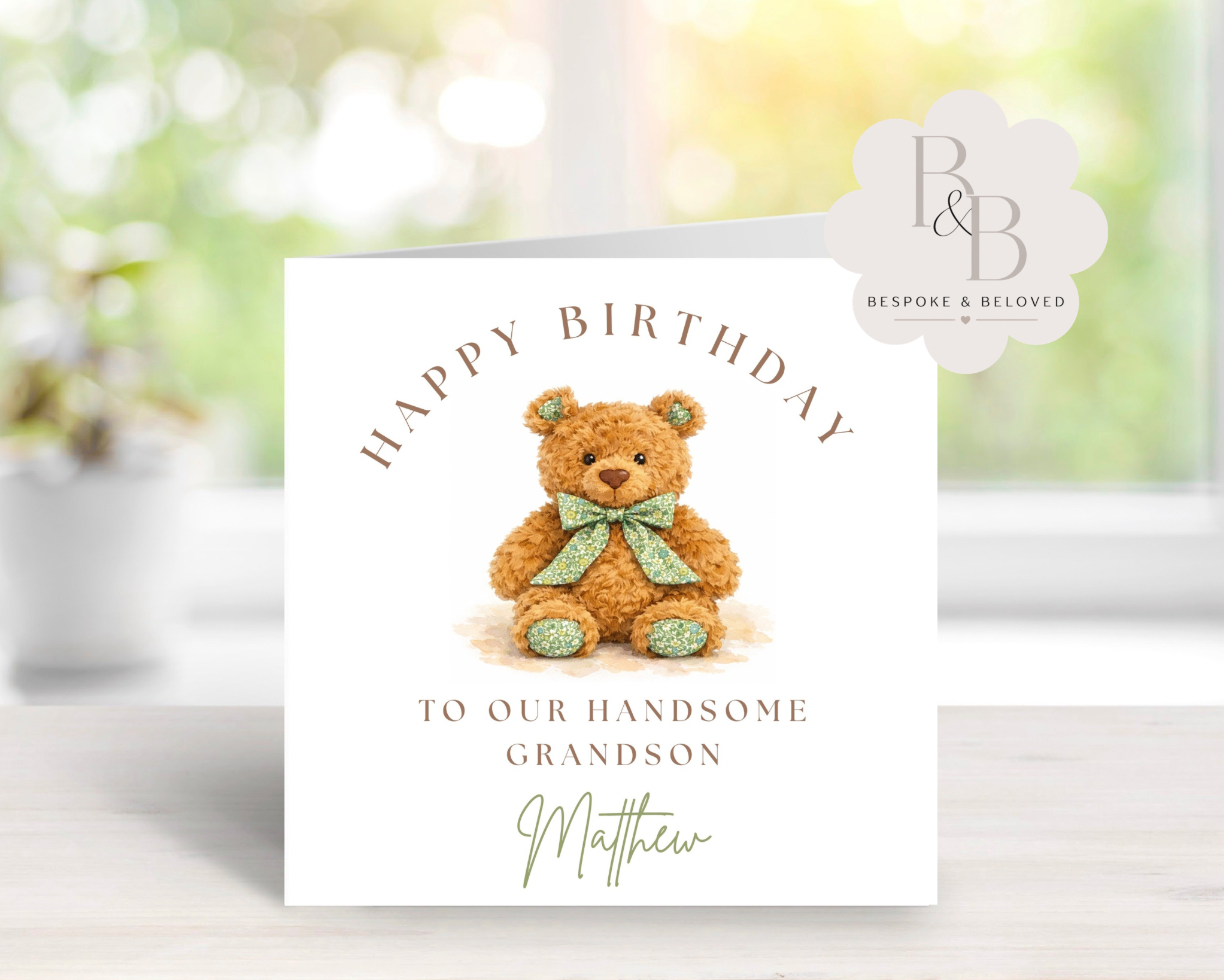 Birthday card with a teddy bear and personalised text 