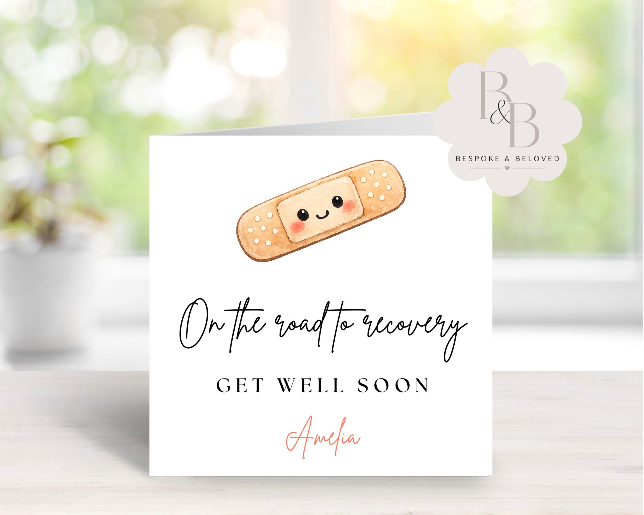 Get well soon card with a bandage illustration and personalised text 