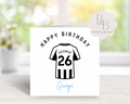 Birthday card with a Premier League football shirt design and 'Happy Birthday' text 
