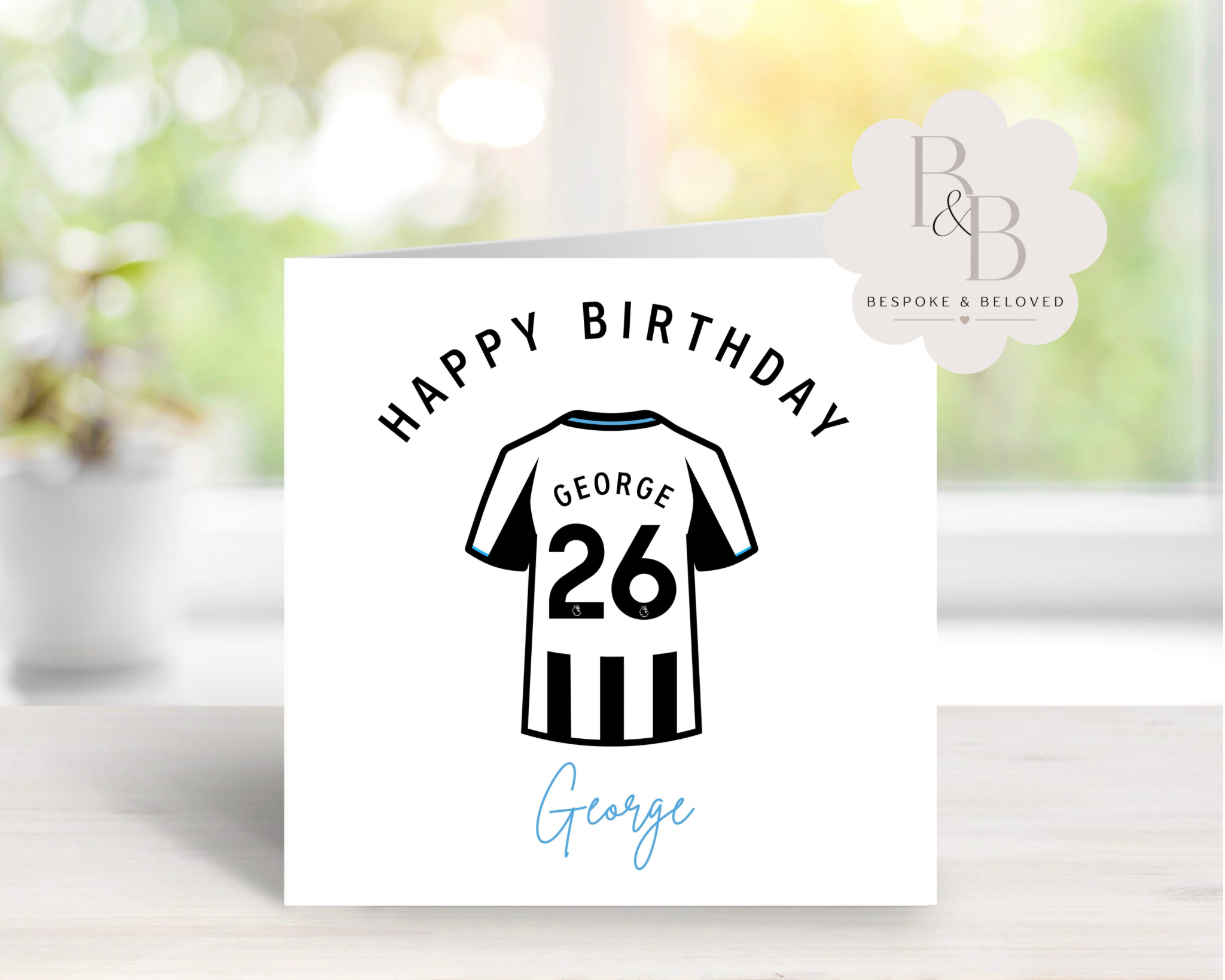 Birthday card with a Premier League football shirt design and 'Happy Birthday' text 