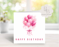 Watercolor balloon happy birthday card in pink design on white background