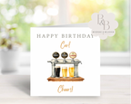Birthday card with beer glasses and taps design, featuring 'Happy Birthday' text.