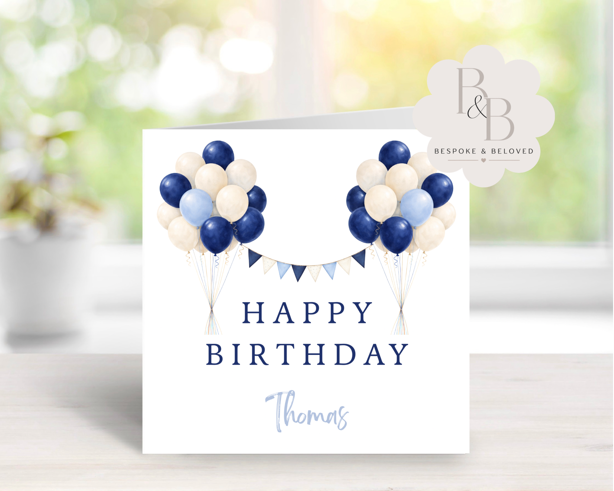 personalised birthday card with blue balloons and bunting and happy birthday 
