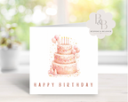 Elegant Watercolor Birthday Card with Cake Illustration – Luxury Handmade Happy Birthday Greeting Card for Her, Personalized Birthday Card