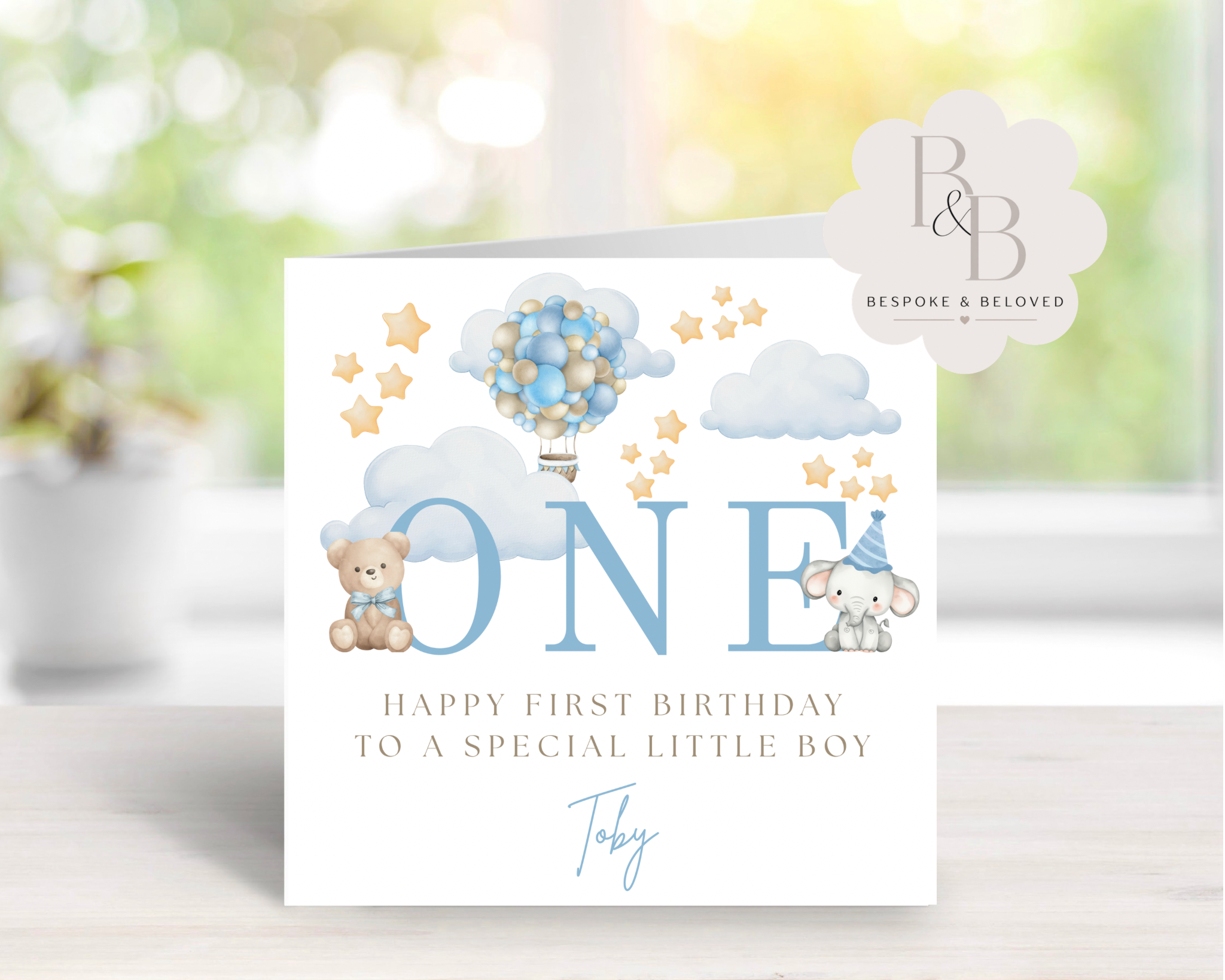 Personalised 1st birthday card with teddy bear and elephant balloon desig