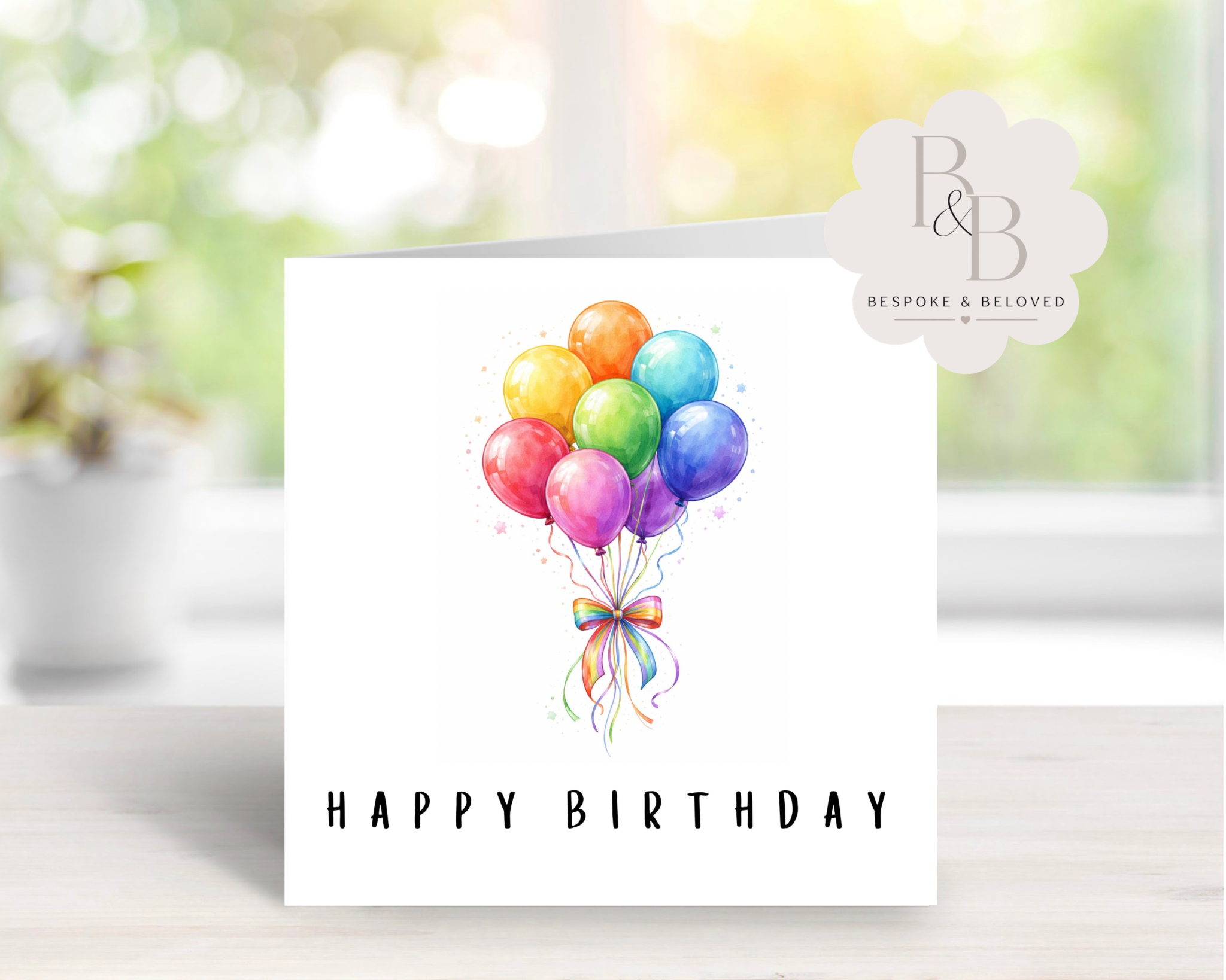 Watercolor balloon happy birthday card in rainbow design on white background