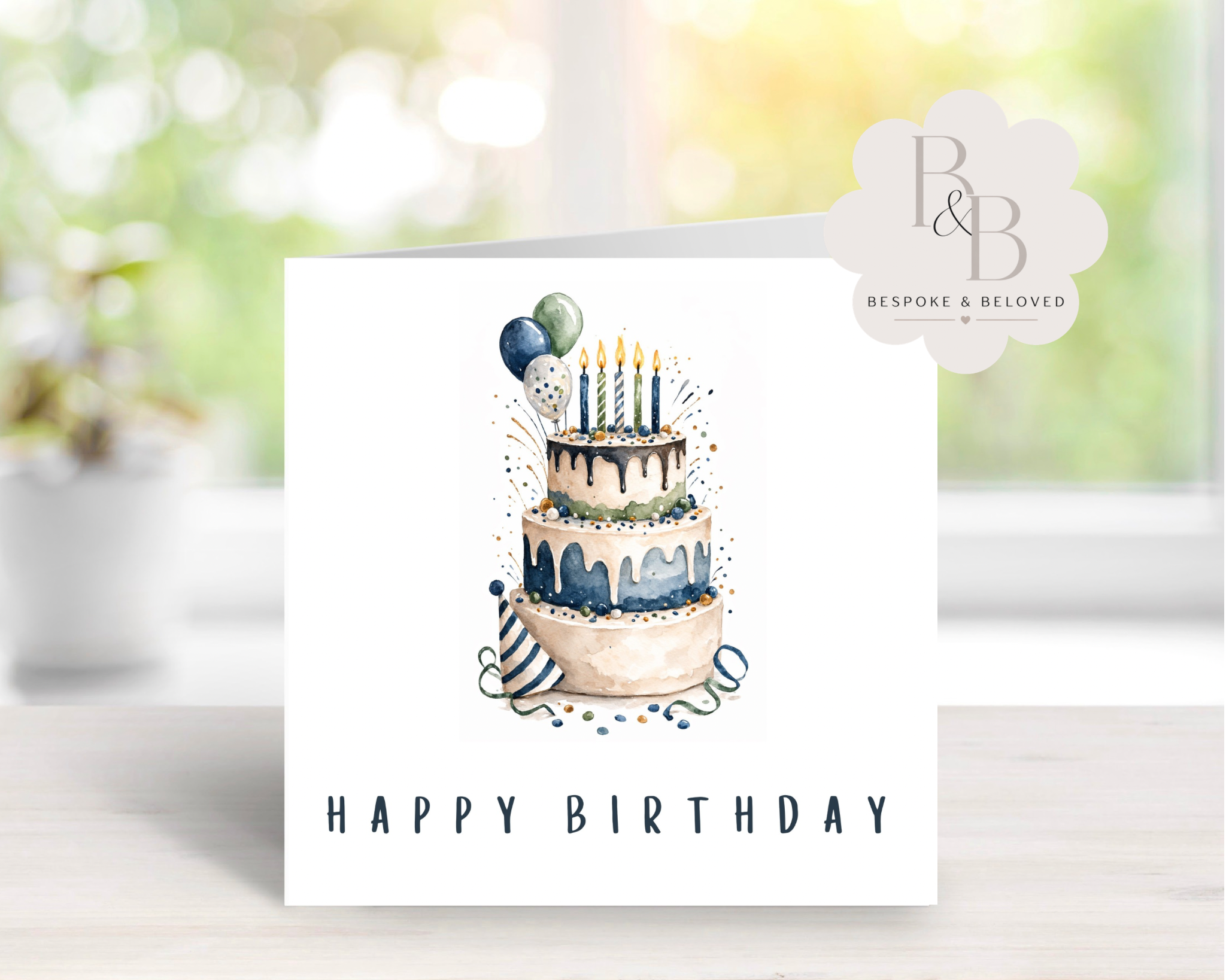 Elegant Watercolor Birthday Card with Cake Illustration – Luxury Handmade Happy Birthday Greeting Card for Her, Personalized Birthday Card