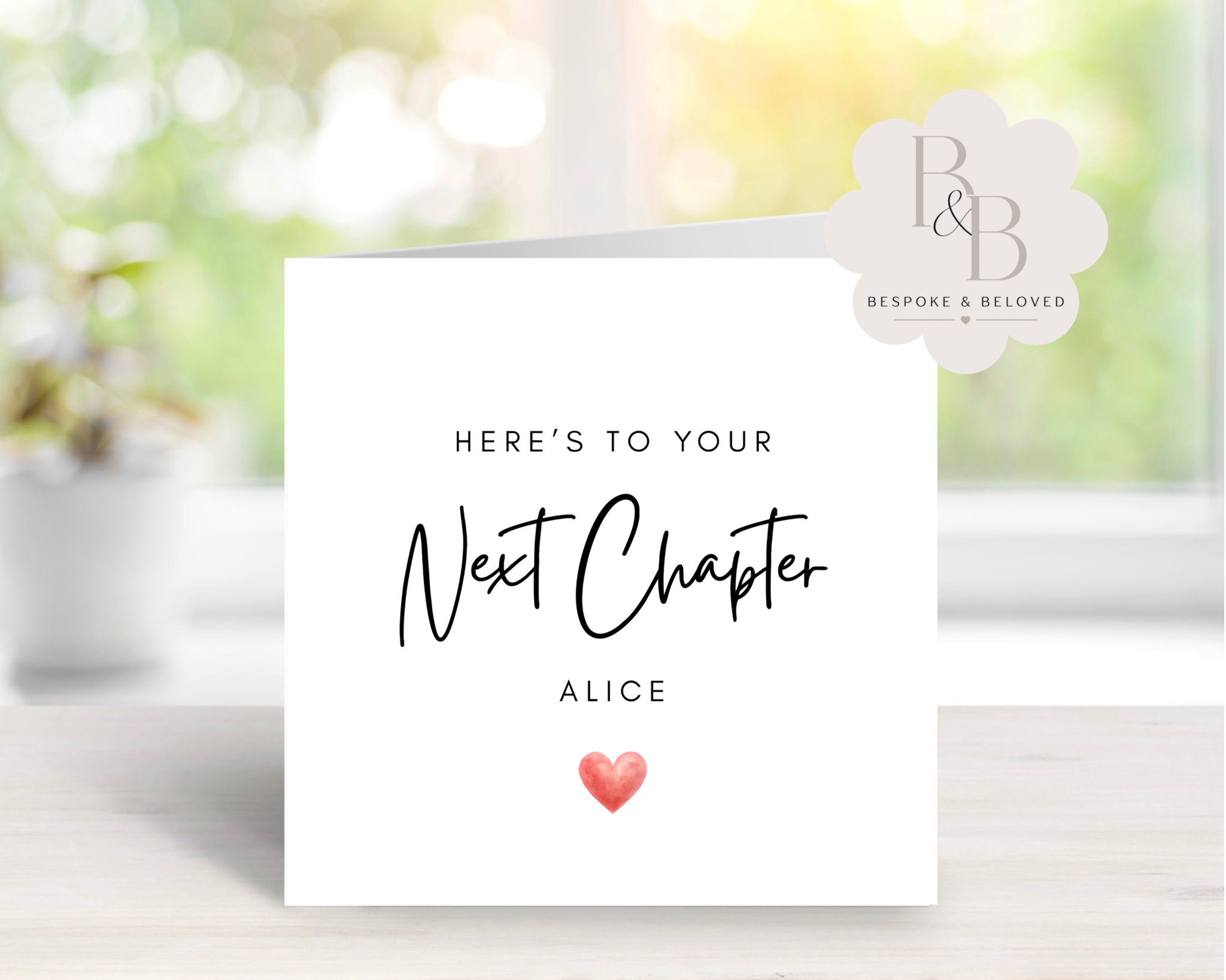 Personalised next chapter card with heart design