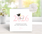 Pink graduation card with 'Class of 2026' text and graduation cap design 